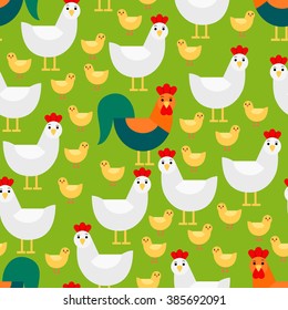 Colored seamless pattern with chicken family: cock, hens, chickens