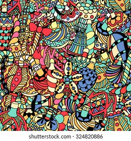 Colored Seamless pattern with christmas hand-drawn decorative elements in vector. Fancy Christmas balls. Pattern for coloring book. Made by trace from sketch. Zentangle