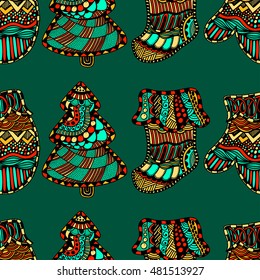 Colored Seamless pattern with christmas hand-drawn decorative elements in vector. Fancy Christmas toys. Pattern for coloring book. Made by trace from sketch. Zentangle