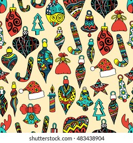 Colored Seamless pattern with christmas hand-drawn decorative elements in vector. Fancy Christmas balls. Pattern for coloring book. Made by trace from sketch. Zentangle