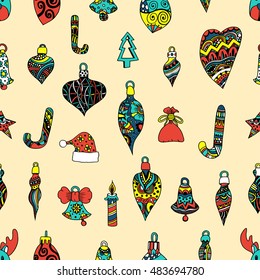 Colored Seamless pattern with christmas hand-drawn decorative elements in vector. Fancy Christmas balls. Pattern for coloring book. Made by trace from sketch. Zentangle