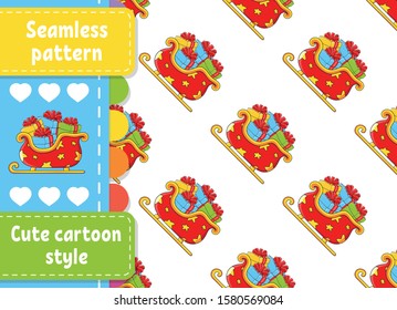 Colored seamless pattern. Christmas sleigh santa claus with gifts. Cartoon style. New Year theme. Vector illustration isolated on white background.