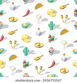 Colored seamless pattern of Cinco de mayo isometric icons on transparent background