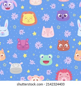 Colored seamless pattern consists of hand-drawn graphics of animal faces. Vector flat illustration of domestic and wild animals, isolated on white background. Print, textile, wallpaper