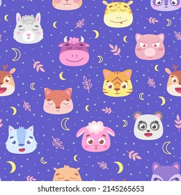 Colored seamless pattern consists of hand-drawn graphics of animal faces. Vector flat illustration of wild and domestic animals, on a dark background. Print, textile, wallpaper