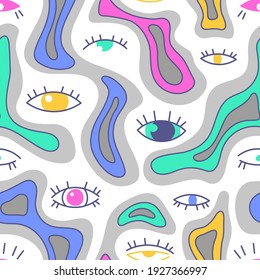 The Colored, seamless pattern consists of various hand-drawn graphics. Eyes vector flat illustration, symbol of evil, magic, clairvoyance isolated on white background. Fabric, textiles, gifts, wallpap