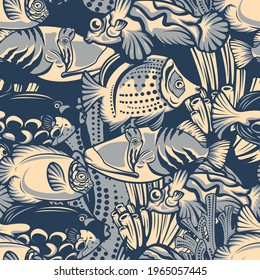 Colored seamless pattern with coral reef, fish on a nautical theme for dark background. Ideal for textile printing, wallpaper, and packaging