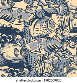 Colored seamless pattern with coral reef, fish on a nautical theme. Ideal for textile printing, wallpaper, and packaging