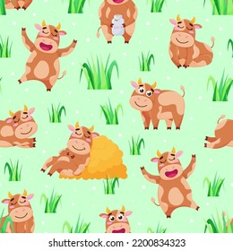Colored seamless pattern with cow and grass. Vector flat drawing of animals. Printing, textiles, wallpapers, children's education