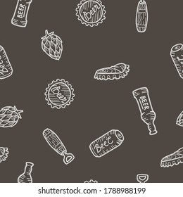 Colored seamless pattern with curved metal cork from a craft beer brewery bottle, hop, opener and can for retro bar design