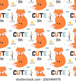 colored seamless pattern with cute fox and plants, amazing background in bright colors in vector, print for children