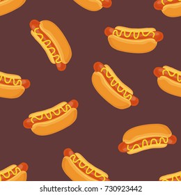 Colored seamless pattern with delicious hot dogs on dark background. Tasty sandwiches, sausages in bun with mustard, fast food meal. Modern vector illustration for wallpaper, backdrop, textile print.