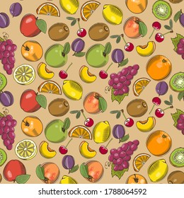 Colored seamless pattern with different fruits in vintage style