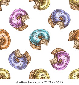 Colored seamless pattern of donuts. Hand drawn doughnut sketch. Vintage illustration. Pastry sweets, dessert. Element for the design of labels, packaging.