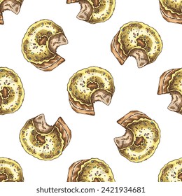 Colored seamless pattern of donuts. Hand drawn doughnut sketch. Vintage illustration. Pastry sweets, dessert. Element for the design of labels, packaging.
