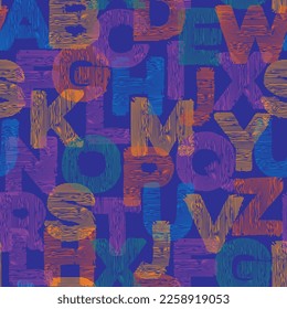 Colored seamless pattern of English letters with a textile texture. Vector background with capital bold Latin letters in retro style on a light backdrop. Suitable for wallpaper, wrapping paper, fabric