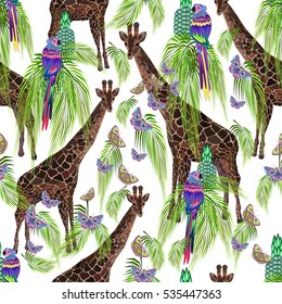 Colored seamless pattern, exotic animal pattern, giraffe, parrot, birds, butterflies, palm leaves, vector illustration