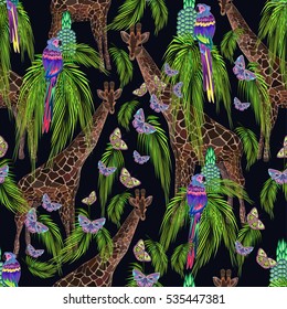 Colored seamless pattern, exotic animal pattern, giraffe, parrot, birds, butterflies, palm leaves, vector illustration