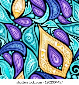 Colored Seamless Pattern with Floral Ethnic Motifs. Endless Texture with Abstract Design Elements. Indian, Turkish, Batik, Paisley Garden Style. Realistic Complex Ornament. Vector 3d Illustration
