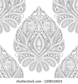 Colored Seamless Pattern with Floral Ethnic Motifs. Endless Texture with Damask Design Element. Indian, Turkish, Paisley Garden Style. Coloring Book Page. Vector Contour Illustration. Ornate Art
