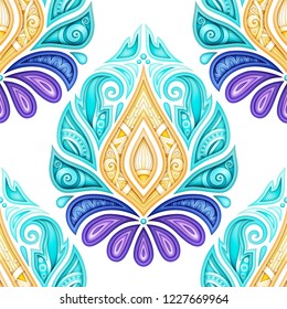 Colored Seamless Pattern with Floral Ethnic Motifs. Endless Texture with Damask Design Element. Indian, Turkish, Paisley Garden Style. Realistic Complex Ornament. Vector 3d Illustration
