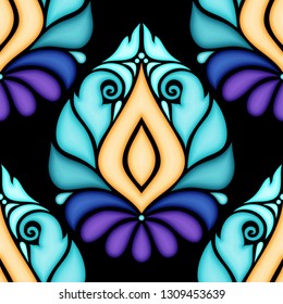 Colored Seamless Pattern with Floral Ethnic Motifs. Endless Texture with Damask Design Element. Indian, Turkish, Paisley Garden Style. Volume Simple Ornament. Vector 3d Illustration. Ornate Art