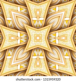 Colored Seamless Pattern with Floral Ethnic Motifs. Endless Texture with Abstract Design Elements. Indian, Turkish, Batik, Paisley Garden Style. Realistic Complex Ornament. Vector 3d Illustration