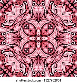 Colored Seamless Pattern with Floral Ethnic Motifs. Endless Texture with Abstract Design Elements. Indian, Turkish, Batik, Paisley Garden Style. Realistic Complex Ornament. Vector 3d Illustration