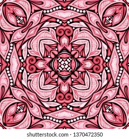 Colored Seamless Pattern with Floral Ethnic Motifs. Endless Texture with Abstract Design Elements. Indian, Turkish, Batik, Paisley Garden Style. Realistic Complex Ornament. Vector 3d Illustration