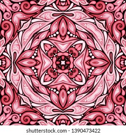 Colored Seamless Pattern with Floral Ethnic Motifs. Endless Texture with Abstract Design Elements. Indian, Turkish, Batik, Paisley Garden Style. Realistic Complex Ornament. Vector 3d Illustration