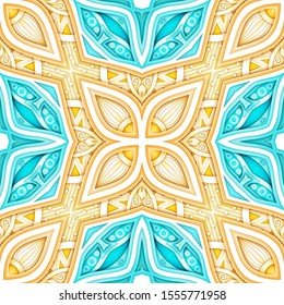 Colored Seamless Pattern with Floral Ethnic Motifs. Endless Texture with Abstract Design Elements. Indian, Turkish, Batik, Paisley Garden Style. Realistic Complex Ornament. Vector 3d Illustration