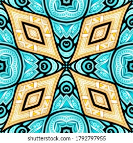 Colored Seamless Pattern with Floral Ethnic Motifs. Endless Texture with Abstract Design Elements. Indian, Turkish, Batik, Paisley Garden Style. Realistic Complex Ornament. Vector 3d Illustration