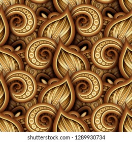 Colored Seamless Pattern with Floral Motifs. Endless Texture with Leaves and Swirls. Natural Background in Doodle Style. Realistic Glossy Ornament. Vector 3d Illustration. Abstract Ornate Art