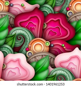 Colored Seamless Pattern with Floral Motifs. Endless Texture with Flowers, Leaves and Swirls. Natural Background in Doodle Style. Elegant Ornaments. Vector 3d Illustration. Abstract Ornate Art