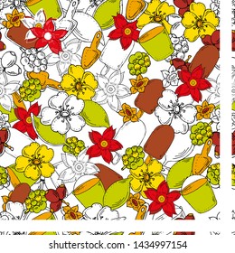 Colored seamless pattern. Flowers and leaves. Baby bucket and shovel. Ice cream.Tile.