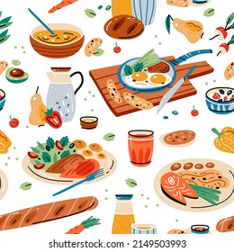 Colored seamless pattern of food and drink. Vector illustration for design of menu. Wallpaper, print, packaging, paper, textile design.