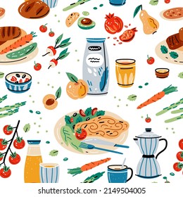 Colored seamless pattern of food and drink. Vector illustration for design of menu. Wallpaper, print, packaging, paper, textile design.