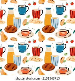 Colored seamless pattern of food and drink. Vector illustration for design of menu. Kitchen vector illustration with cups for tea and coffee, juices. Background with bright colorful crockery