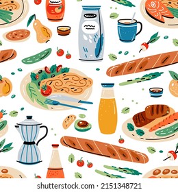 Colored seamless pattern of food and drink. Vector illustration for design of menu. Wallpaper, print, packaging, paper, textile design.