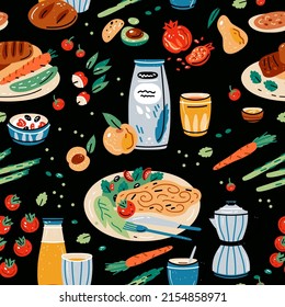 Colored seamless pattern of food and drink. Vector illustration for design of menu. Wallpaper, print, packaging, paper, textile design.