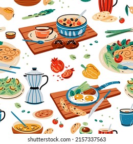 Colored seamless pattern of food and drink. Vector illustration for design of menu. Wallpaper, print, packaging, paper, textile design.