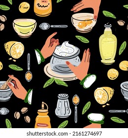 Patrón de alimento y bebida sin costura de color. Para la carta de restaurantes, cafeterías y cantinas. La comida fresca. Cosecha. Salsas, mayonesa, mostaza.