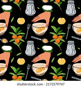 Colored seamless pattern of food and drink. For the menu of restaurants, cafes, and canteens. Fresh food. Harvest. Sauces, mayonnaise, mustard.