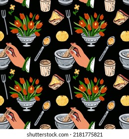 Colored seamless pattern of food and drink. For the menu of restaurants, cafes, and canteens. Fresh food. Harvest. Sauces, mayonnaise, mustard.