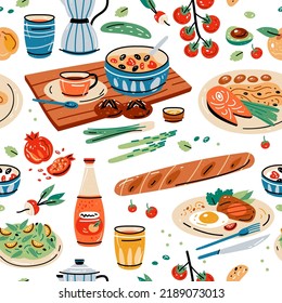Patrón de alimento y bebida sin costura de color. Ilustración vectorial para el diseño del menú. Papel tapiz, impresión, embalaje, papel, diseño textil.