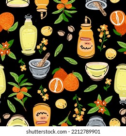 Colored seamless pattern of food and drink. For the menu of restaurants, cafes, and canteens. Fresh food. Harvest. Sauces, mayonnaise, mustard.
