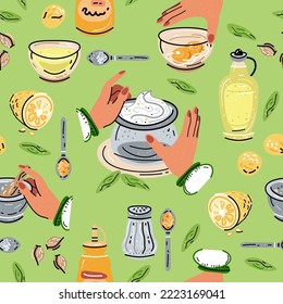 Colored seamless pattern of food and drink. For the menu of restaurants, cafes, and canteens. Fresh food. Harvest. Sauces, mayonnaise, mustard.