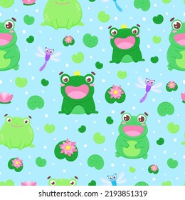 Colored seamless pattern with frogs, water lilies, dragonflies in the water. Vector flat cartoon illustration of anuran amphibians. Print, textile, wallpaper