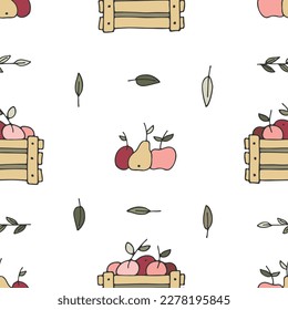 Colored seamless pattern with fruits and leaves. Doodle style. Hand drawn illustration. Vector