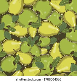 Colored seamless pattern with green apples and pears in vintage style